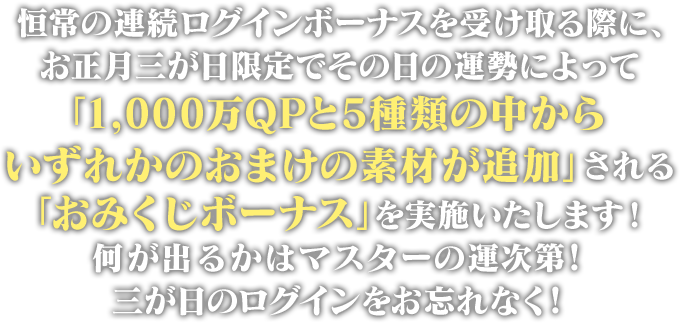 恒常の連続ログインボーナスを受け取る際に、お正月三が日限定でその日の運勢によって「1,000万QPと5種類の中からいずれかのおまけの素材が追加」される「おみくじボーナス」を実施いたします！何が出るかはマスターの運次第！三が日のログインをお忘れなく！