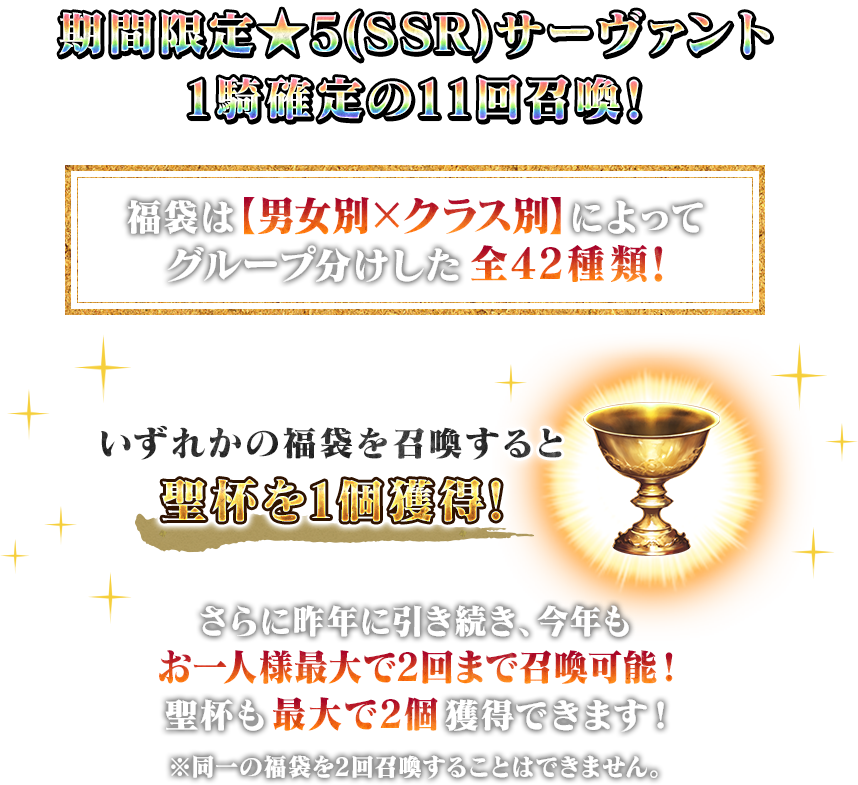 期間限定★5(SSR)サーヴァント1騎確定の11回召喚！福袋は【男女別×クラス別】によってグループ分けした全42種類!いずれかの福袋を召喚すると聖杯を1個獲得！さらに一昨年に引き続き、今年もお一人様最大で2回まで召喚可能！聖杯も最大で2個獲得できます！※同一の福袋を2回召喚することはできません。