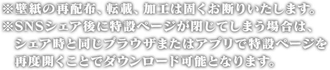 ※壁紙の再配布、転載、加工は固くお断りいたします。※SNSシェア後に特設ページが閉じてしまう場合は、 シェア時と同じブラウザまたはアプリで特設ページを再度開くことでダウンロード可能となります。